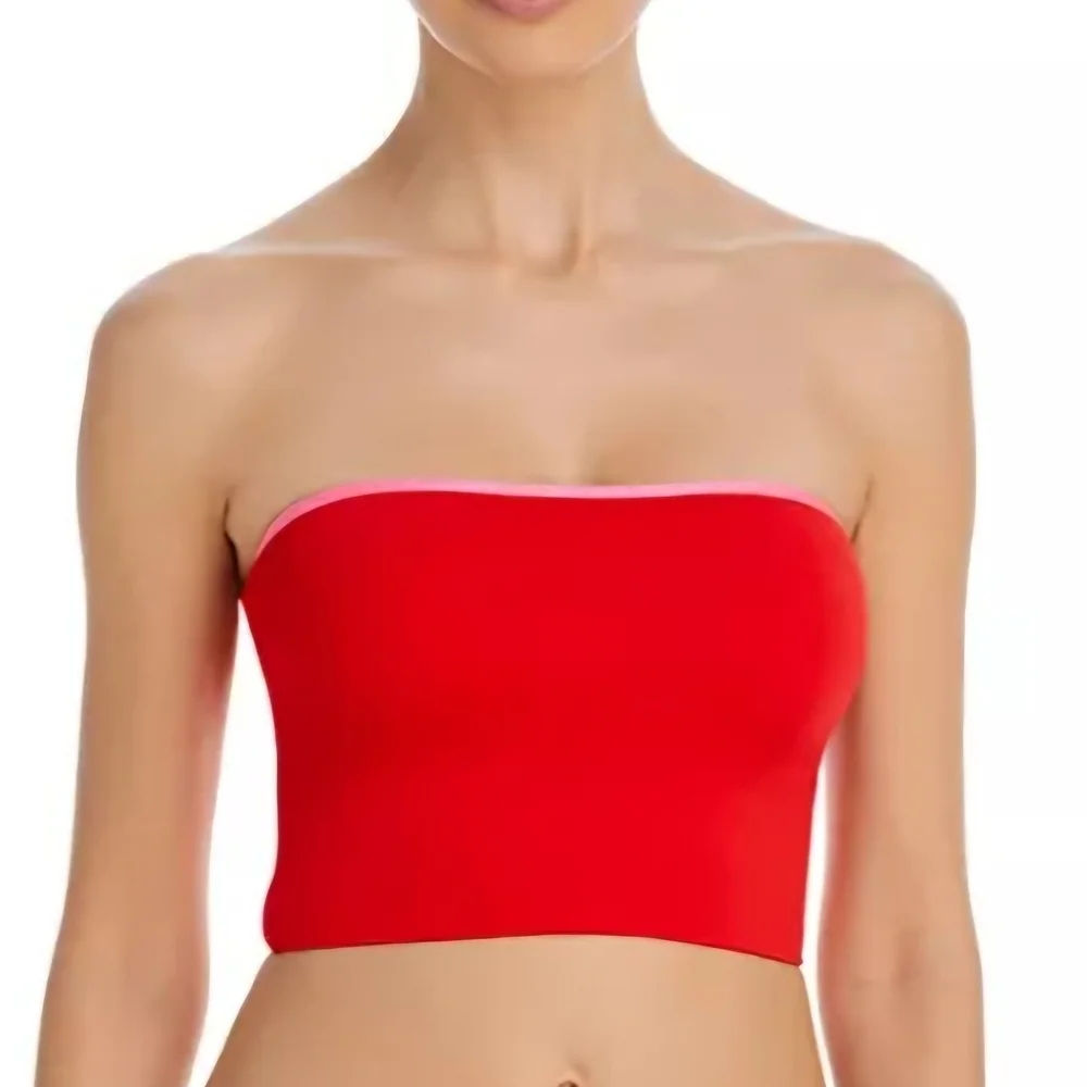 Aqua Red Lace Up Cropped Tankini Top, SIZE Large